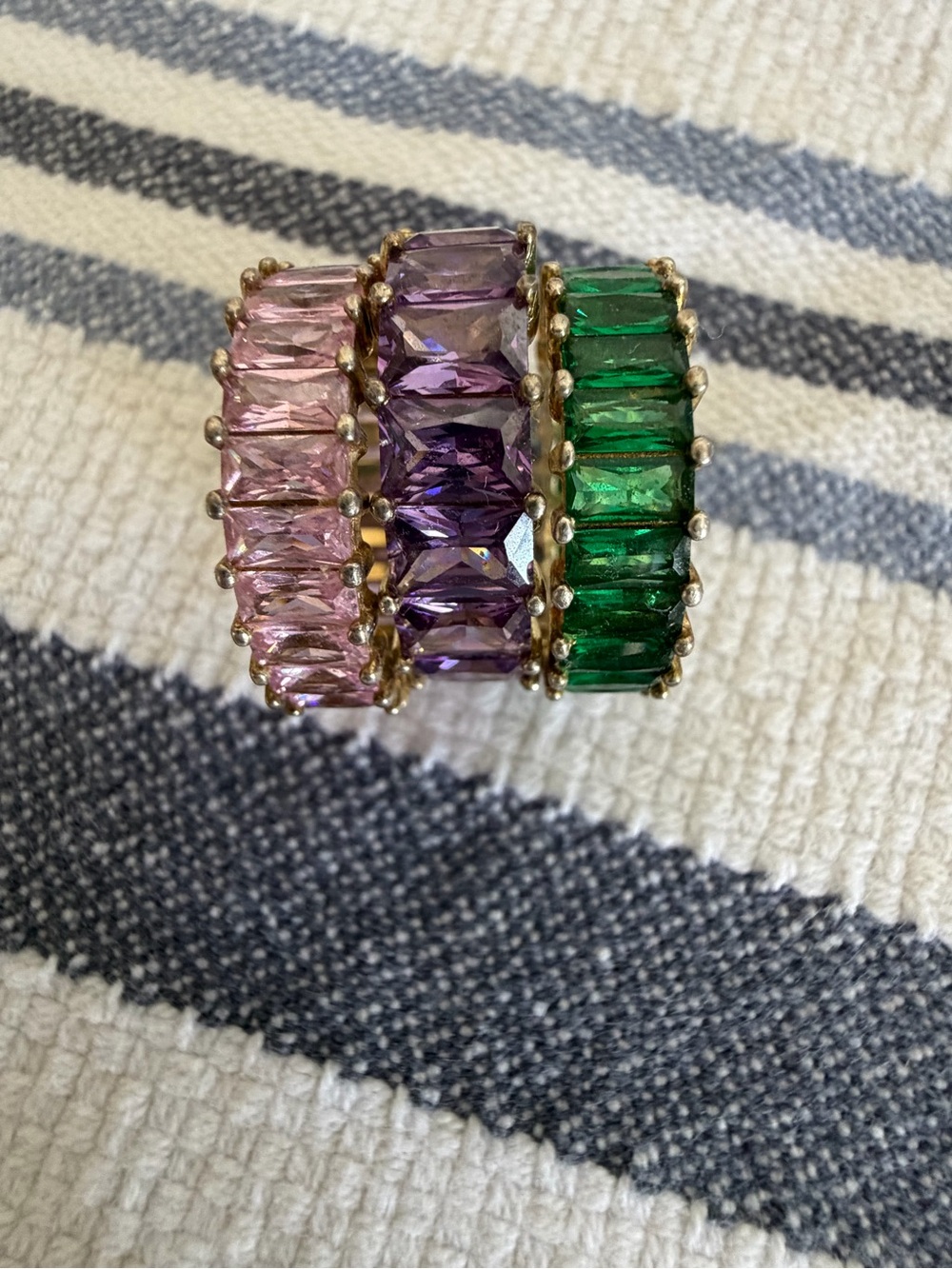 M Jewelry Gold-Tone Stackable Ring Trio with Pink, Purple & Green Crystals
